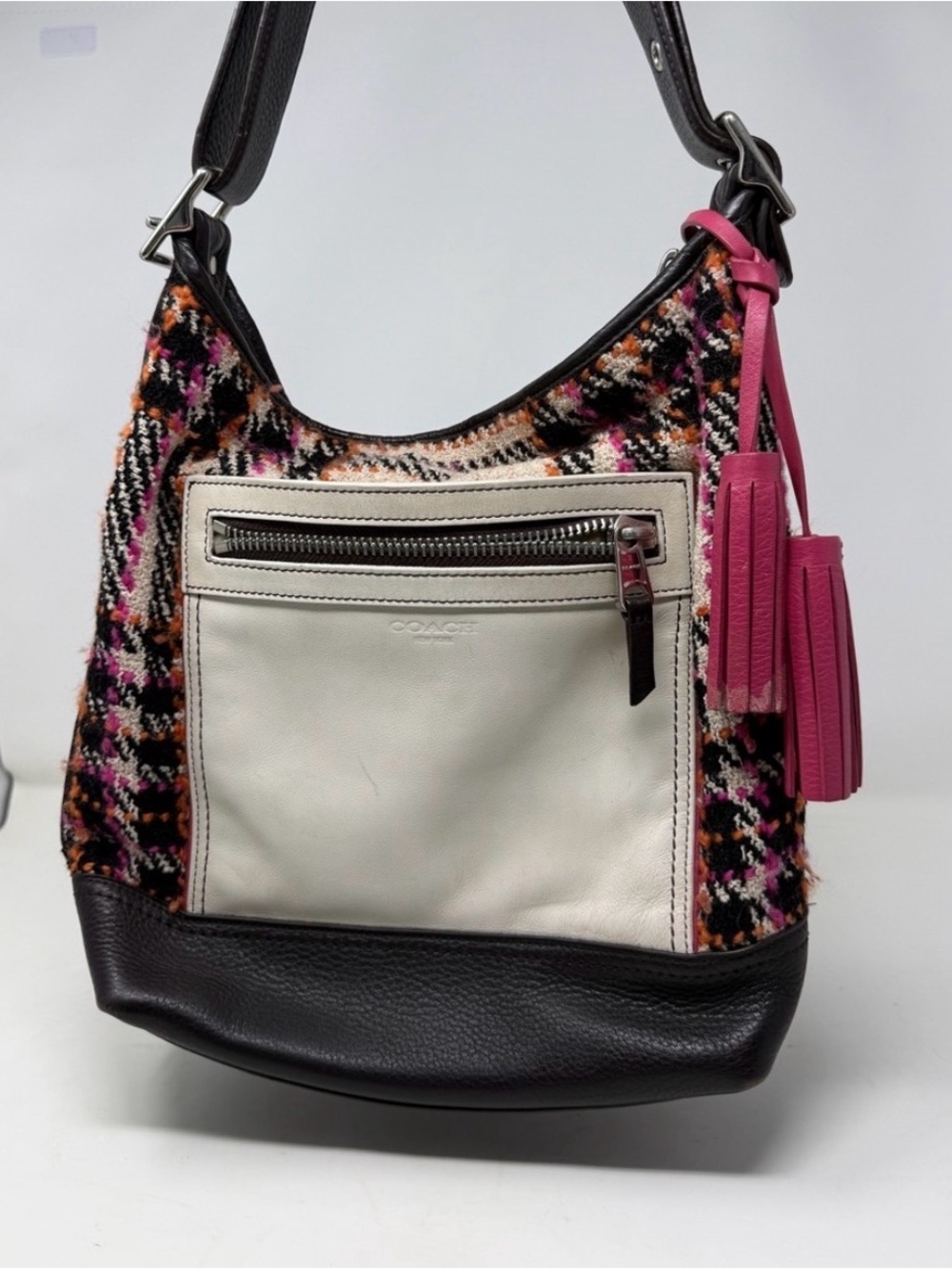 Coach Vintage Multicolor Tweed Hobo Bag with Pink Tassels